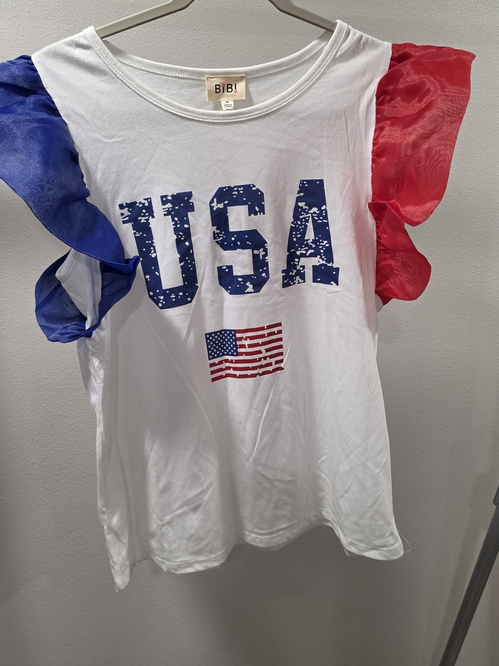 BIBI USA Flag Graphic Ruffle Sleeve Tee - Red, White & Blue
